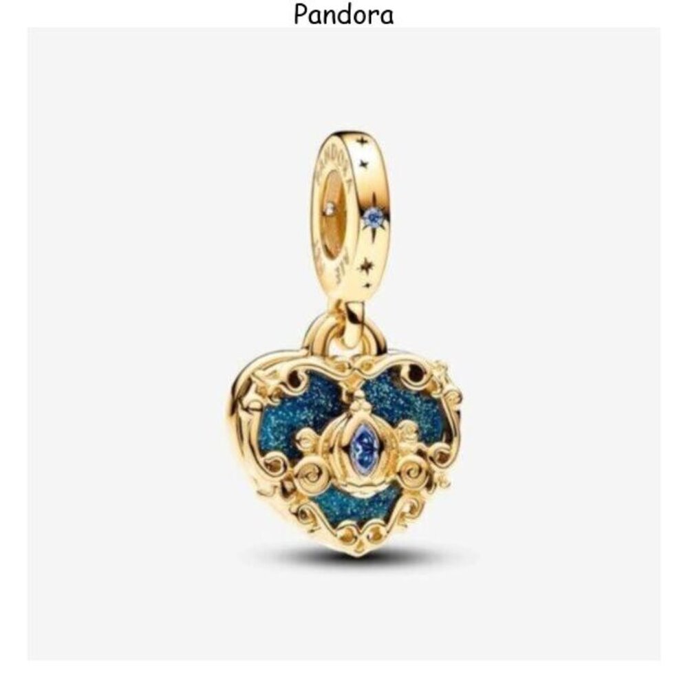 Pandora Gold Heart Dangle Charm with Blue Glitter Inlay and Blue Stone